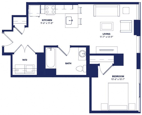 Floor plan for studio, 1 bath, 633 sqft